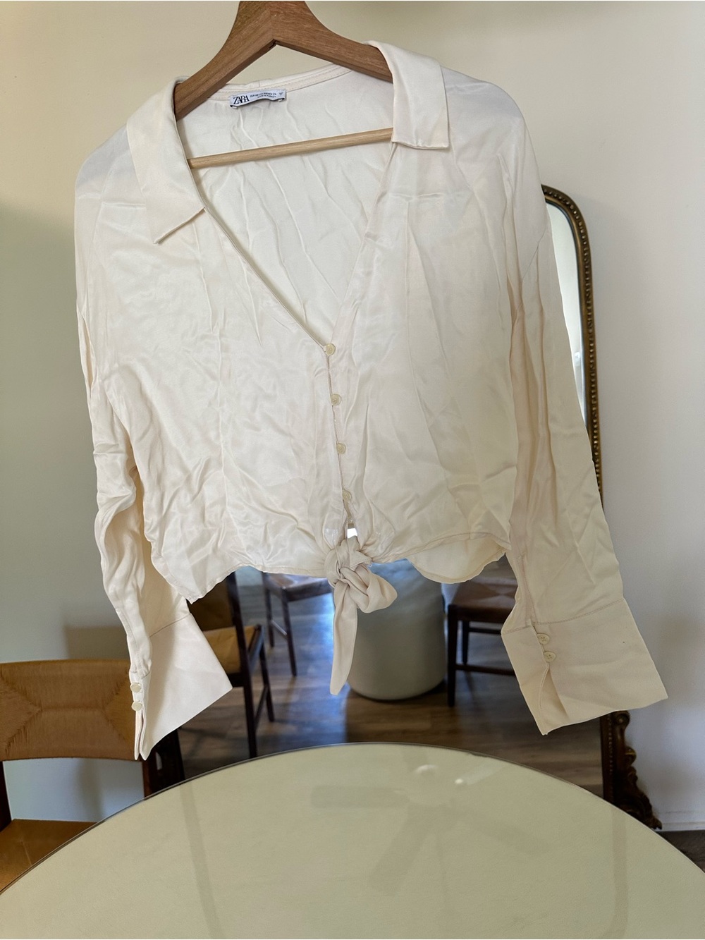 Zara Satin Tie Front Blouse Ivory Cream Size XS